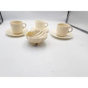 Belleek Ireland Neptune Shell Tea Set 3 Cups Saucers and Footed Bowl Ivory China